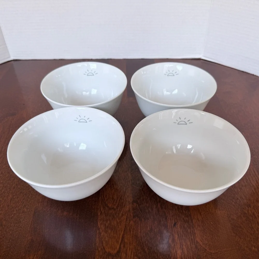 Crate & Barrel Kahla Bowls 4pc White Germany Excellent Sun Graphic 5.25in
